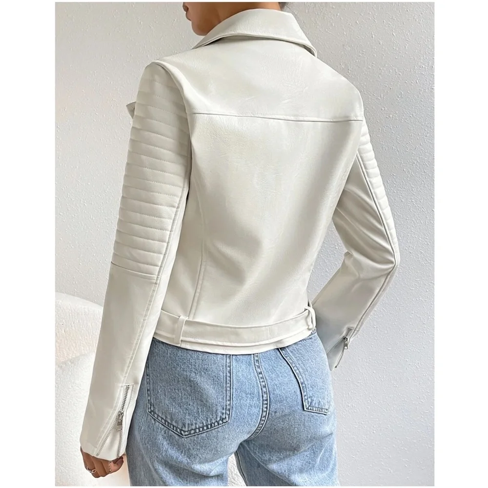 Luxe Vegan Leather Moto Biker Zipper Jacket - Picture 6 of 9